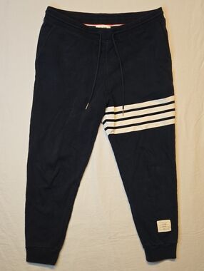 Thom Browne New York Navy Blue Sweatpants with White Stripes
